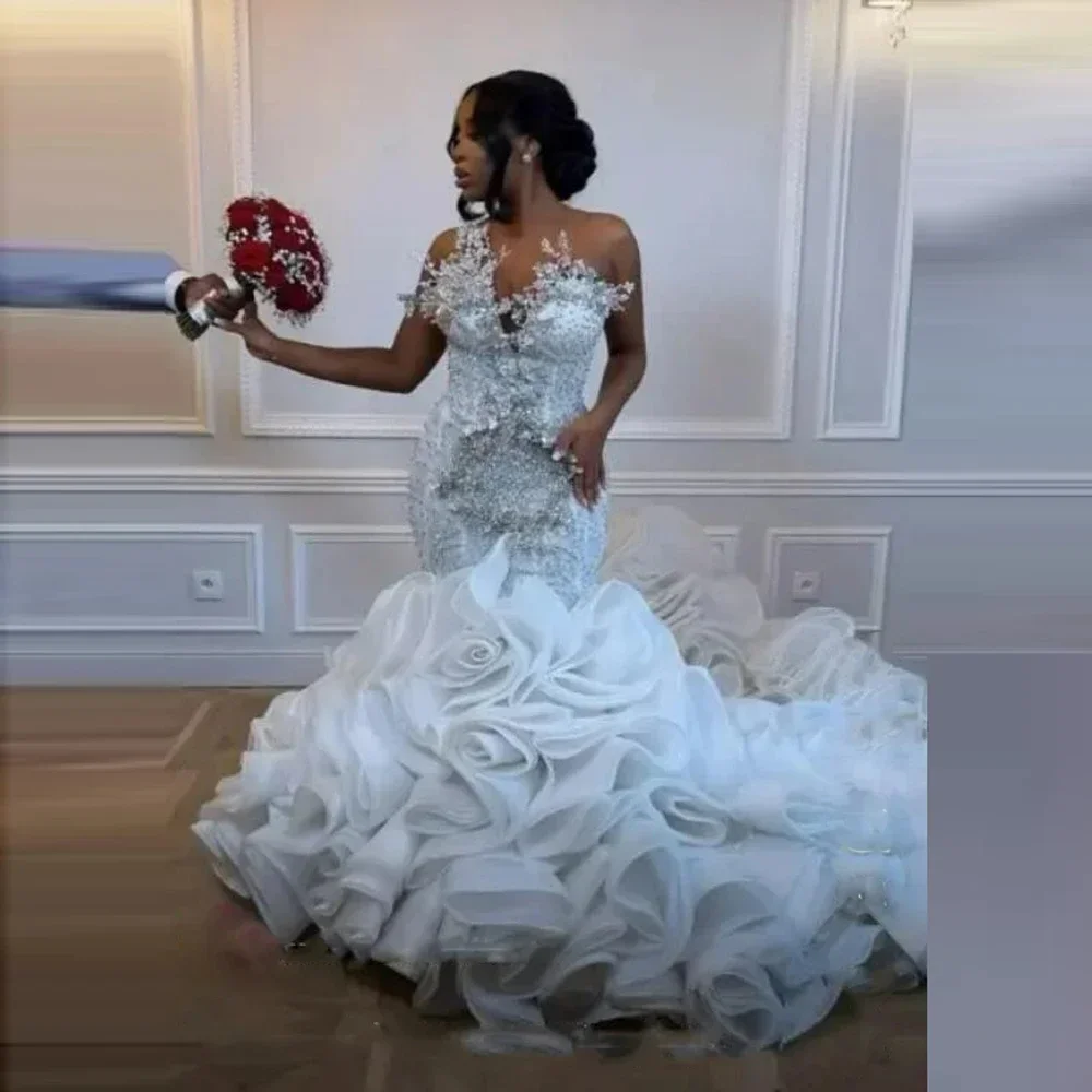 Свадебное платье на одно плечо с аппликациями и кристаллами Aso Ebi из органзы с усталочными оборками Vestido De Casamento, свадебные платья (art.: 3920ca774397f) - 3920ca774397f