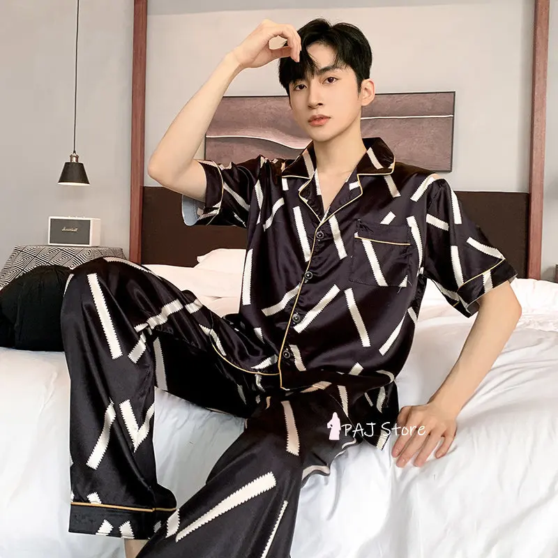 Men Sleepwear Silk Satin Pijama Set Pajama Sets Short Sleeve Sleep Home Clothes Man 2 Pieces Sets Home Suits Pyjamas L-5XL