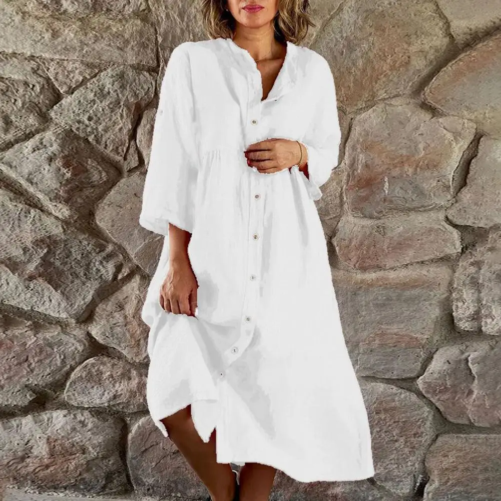 

Women Summer Loose Shirt Dress Stand Collar 3/4 Sleeve Women Dress Buttons Placket Solid Color Loose Fit Midi Dress Streetwear