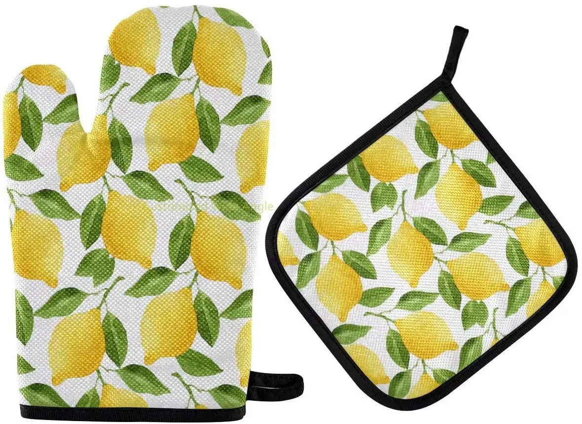 

Lemon Leaves Oven Mitts and Pot Holders Sets Heat Resistant Non Slip Tropical Flower Oven Gloves Hot Pads Insulated Washable