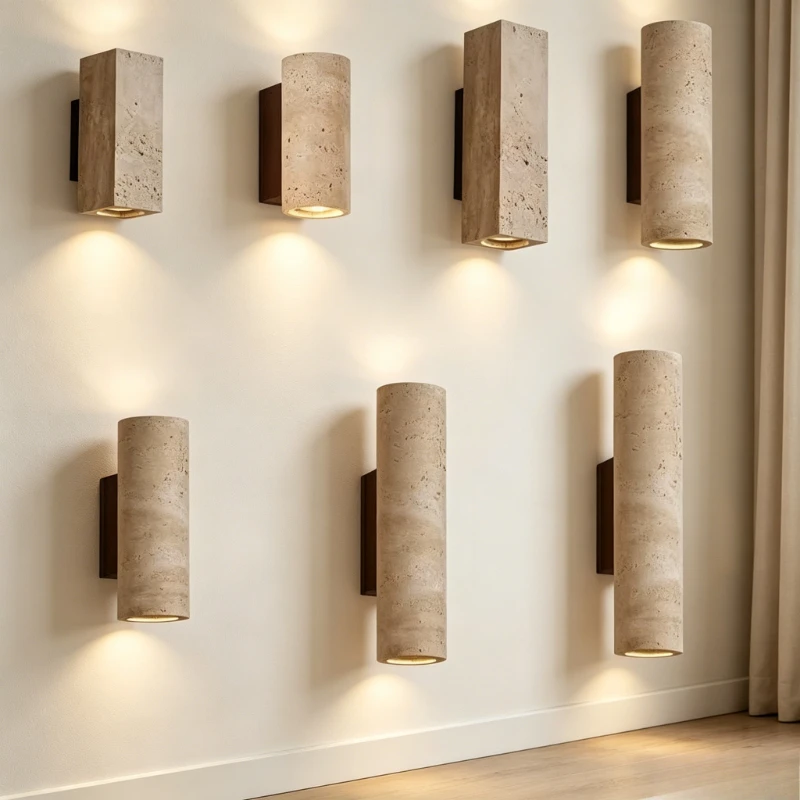 Фото Настенный светильник KK Indoor Stone Wall Lamp Wabi Sabi из желтого мрамора E27 LED для спальни, гостиной, прикроватной зоны, в японском стиле, для лестниц и коридоров, из травертина №2