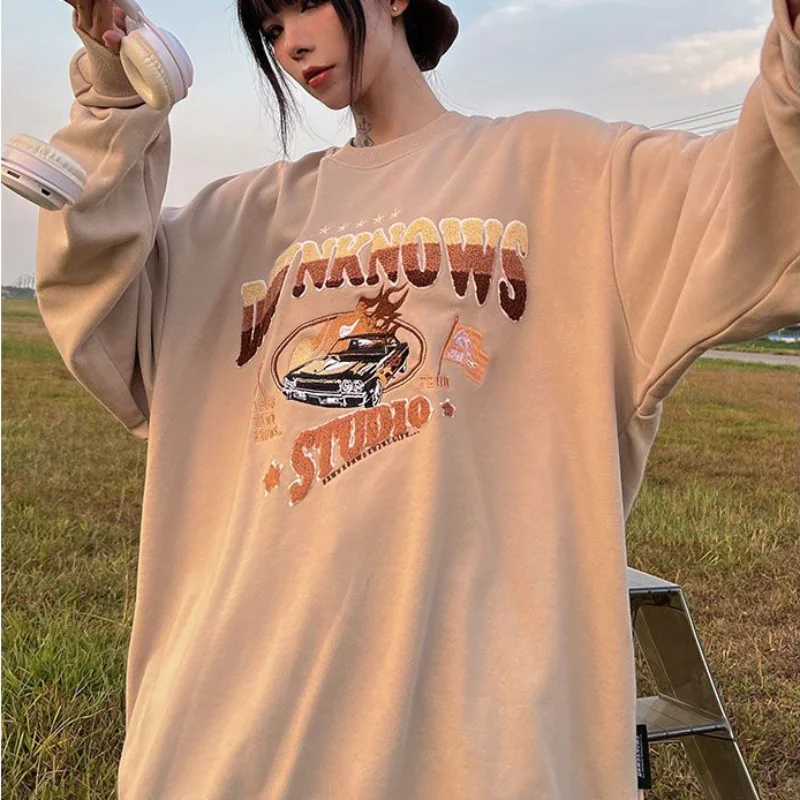 

Spring Autumn Cotton Lightweight Long Sleeve Sweatshirt Women Chic Loose Preppy Oversize Letter Cartoon Graphic Print O-neck Top