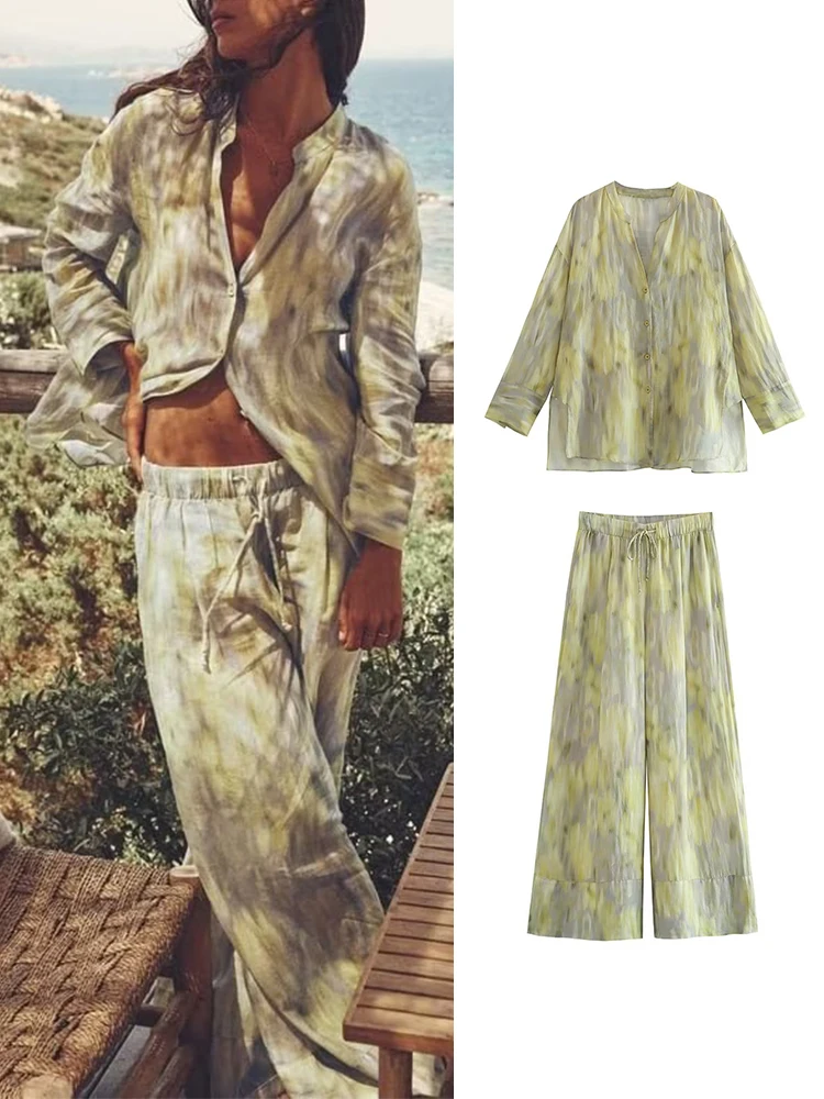 

Женские брюки, комплекты, новинка 2023, модная рубашка с принтом, женский костюм, летние длинные брюки, повседневный комплект из двух предметов