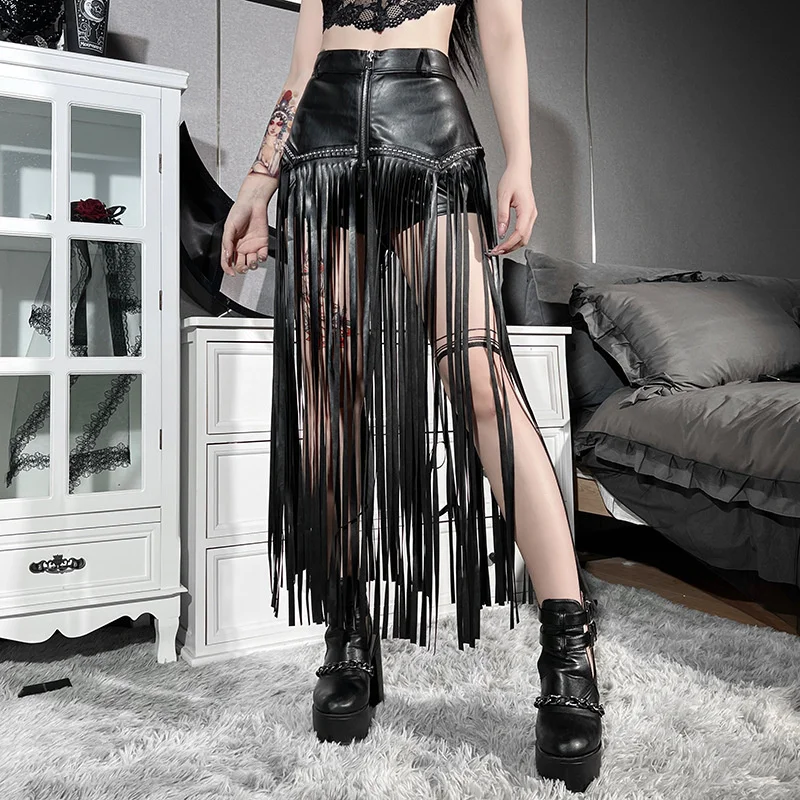 

Dark Wind Summer New Rivet Tassel Gothic Trend High Street Short Skirt Fake Two Pieces