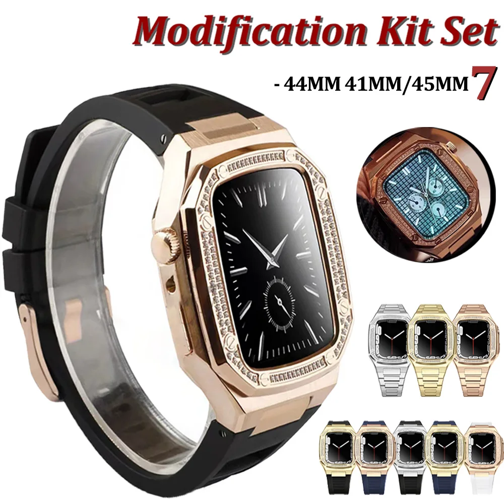 

Luxury Diamond Metal Case For Apple Watch Series 7 41 44mm 45mm Pattern Cases For iWatch SE 6 5 4 Men Noble Modification Kit Set