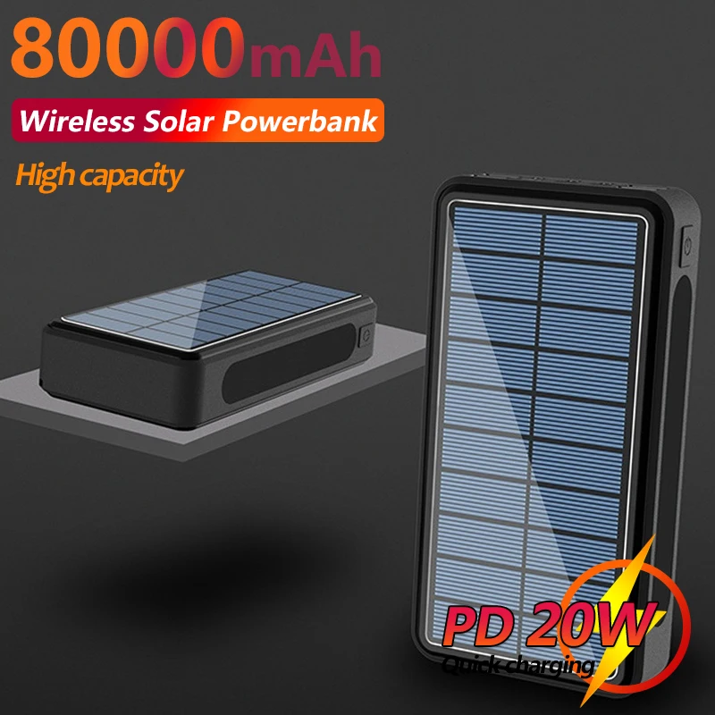 

80000mAh Qi Solar Power Bank Wireless Fast Charger with 4 USB External Mobile Phone Battery for IPhone Xiaomi Samsung