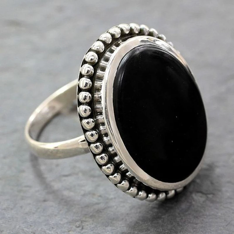 

High Quality Antique Silver Plated Women Ring Christmas New Black Round Onyx s Fine Jewelry Drop Shipping