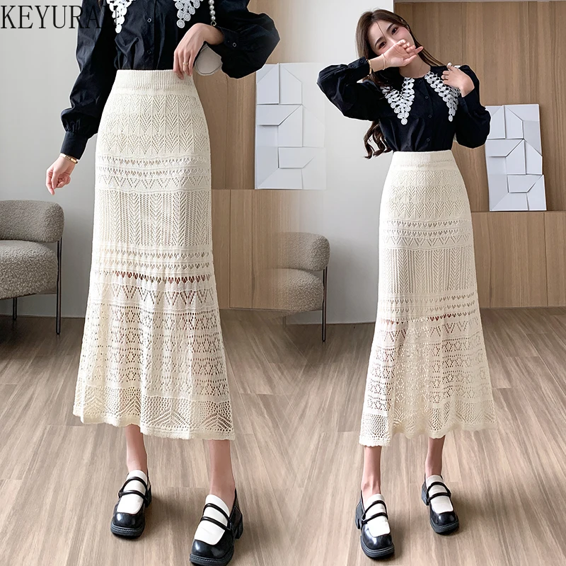 

Women's Knitting Long Skirts Korean Style High Waist Hollow Out Elastic Wave Pattern Bodycon Midi Fishtail Skirt Black Apricot