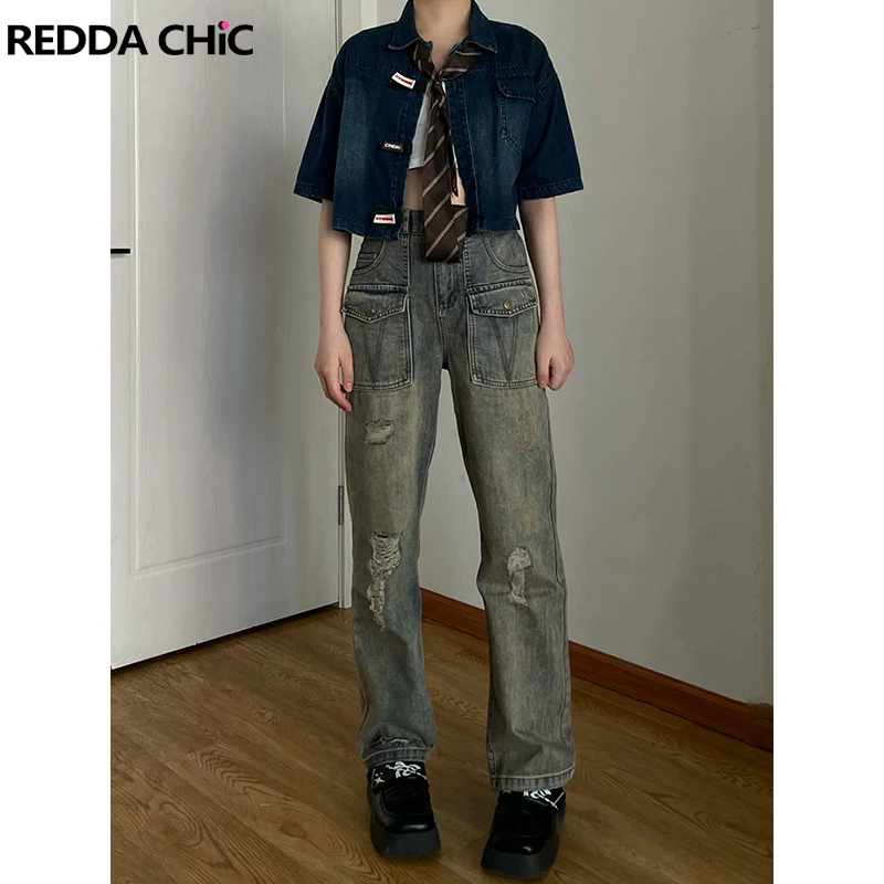 

ReddaChic Y2k Cargo Pants Women Jeans Ripped Holes Elastic Waist Flap Pockets