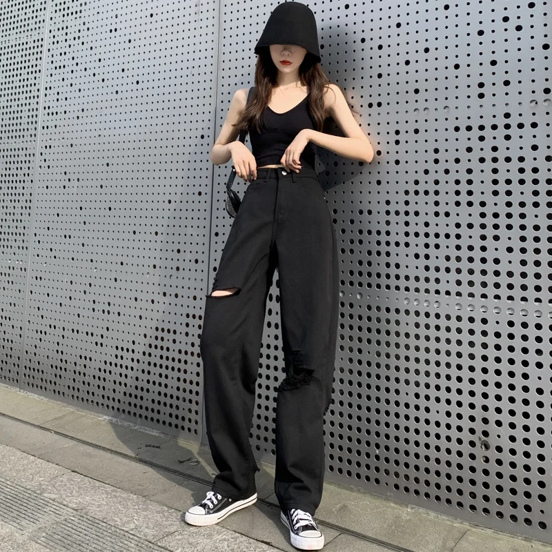 Women Wide Leg Hip-hop Mopping Vintage Jeans Holes Black Chic Oversized S-5XL Oversize Harajuku Casual Pants Summer High Street