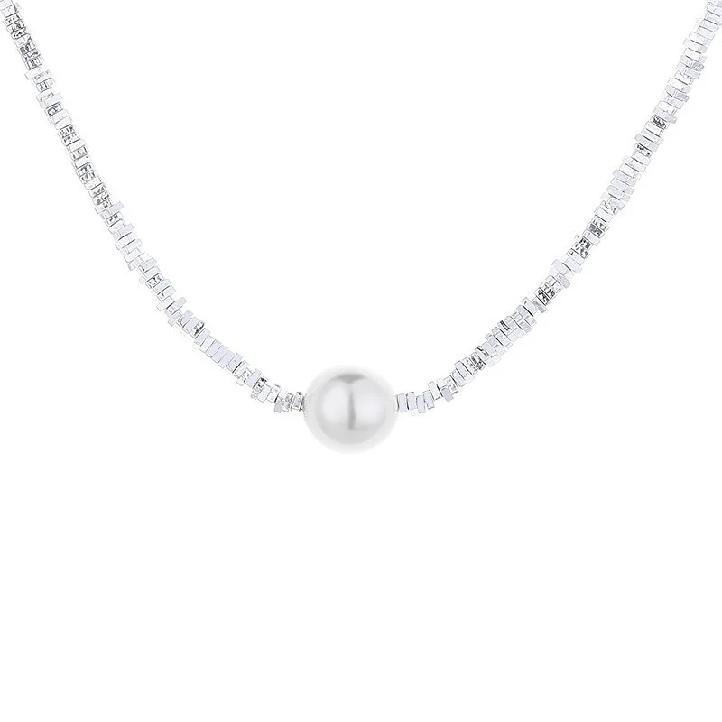 

483FLZFSILVER Fashion Trendy Retro Design Simple Square Block Silver 925 Pearl Necklace For Women Charm Jewelry Accessories Gift
