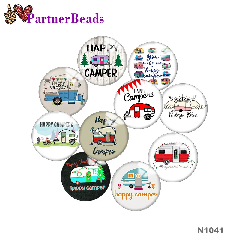 

Happy camper 12mm//18mm/20mm/25mm Round photo glass cabochon demo flat back Making findings PartnerBeads N1041