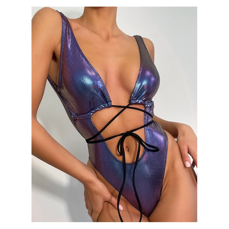 

2022 Deep V Neck Wrap Around Sequins One Piece Swimwear Female Women Swimsuit Bather Bathing Suit European and American
