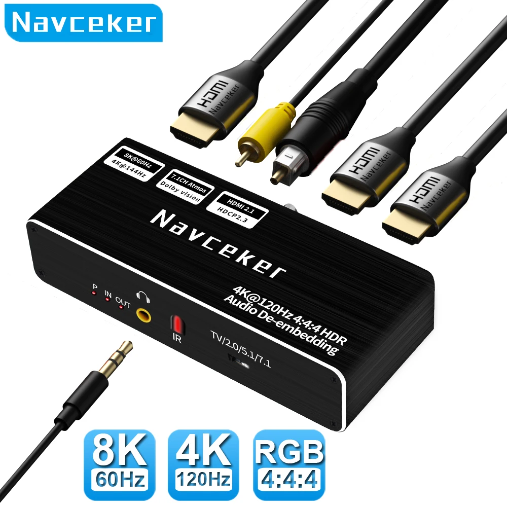 Navceker 8K 60Hz HDMI Audio Extractor 4K 120Hz RGB 4:4:4 HDMI 2.1 Audio Splitter Converter 7.1 Dolby Atmos De-embed for PS5 XBox