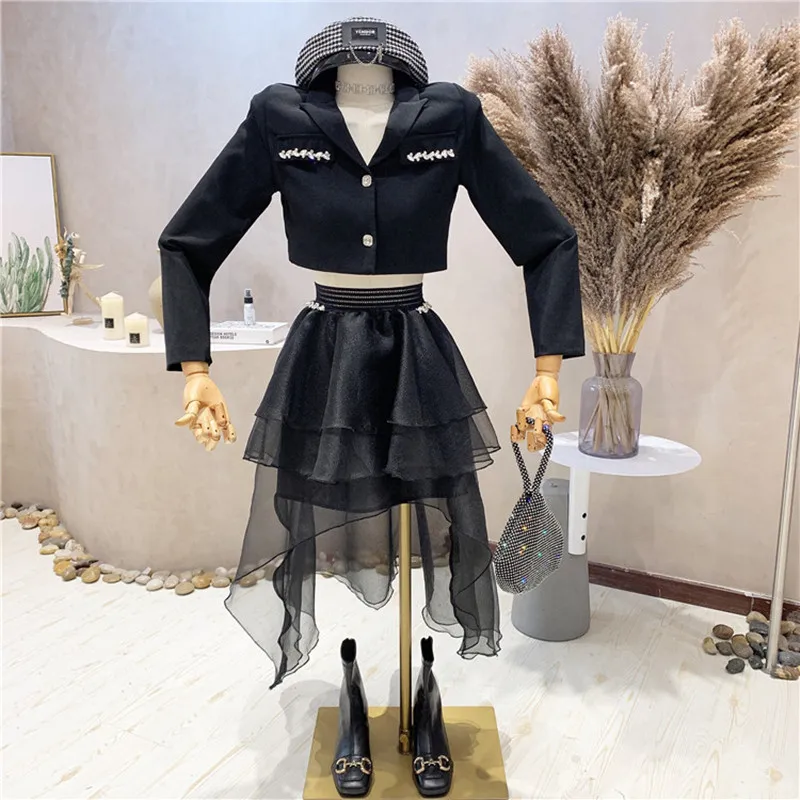 

New Women's Clothing 2022 Spring Short small suit coat + high waist irregular mesh skirt two-piece set