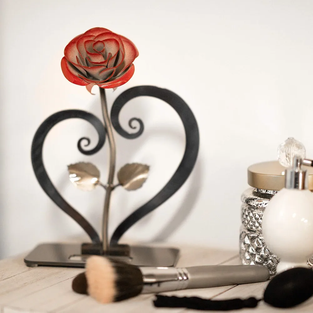 

Hand-Forged Wrought Iron Metal Rose With Heart-Shaped Stand Valentine's Day Gift Anniversary Gift Personalized Gift