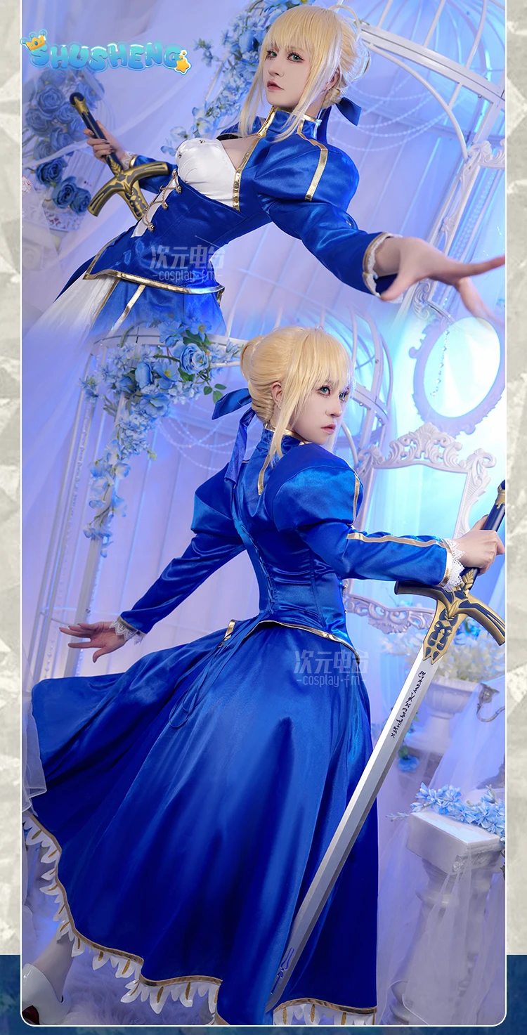 Фото Костюм для косплея Altria Pendragon Saber из Fate/stay night, синее шелковое элегантное боевое платье, аксессуары, женский комплект для вечеринки на Хэллоуин №5