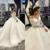 2022 ball gown wedding dresses bridal sweep train lace applique scoop sheer neck custom made long sleeves vestido de novia