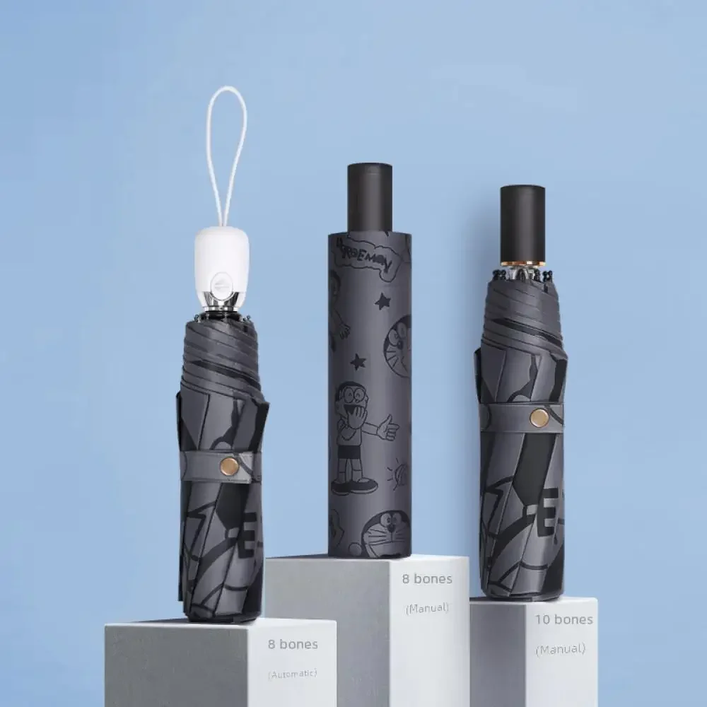 Автоматический складной зонт унисекс черный с мультяшным котом большие кости