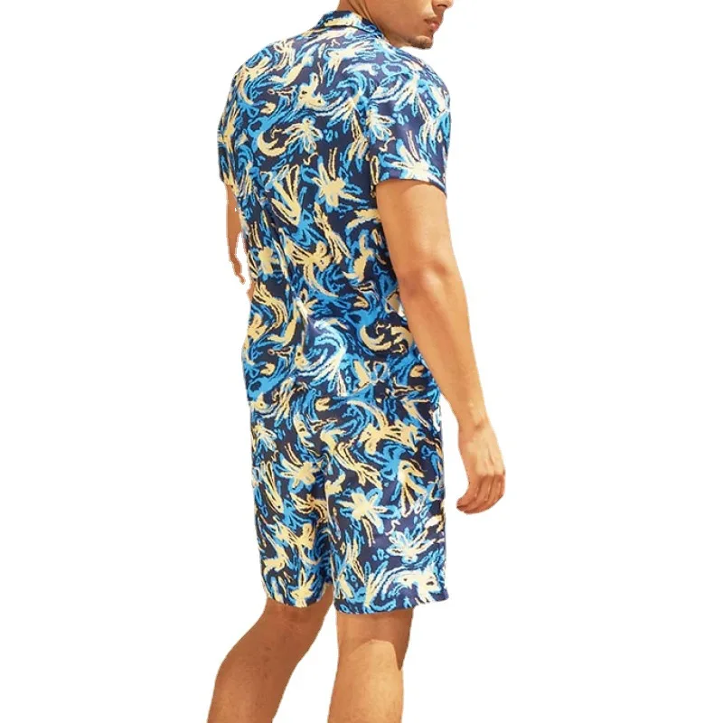 

2022 Blue Fashion Abstract Print Swim EroticShirt Short Spandex Luxury Outfit Beach Summer Elastic Sexy Swimwear For Men 2 PCs