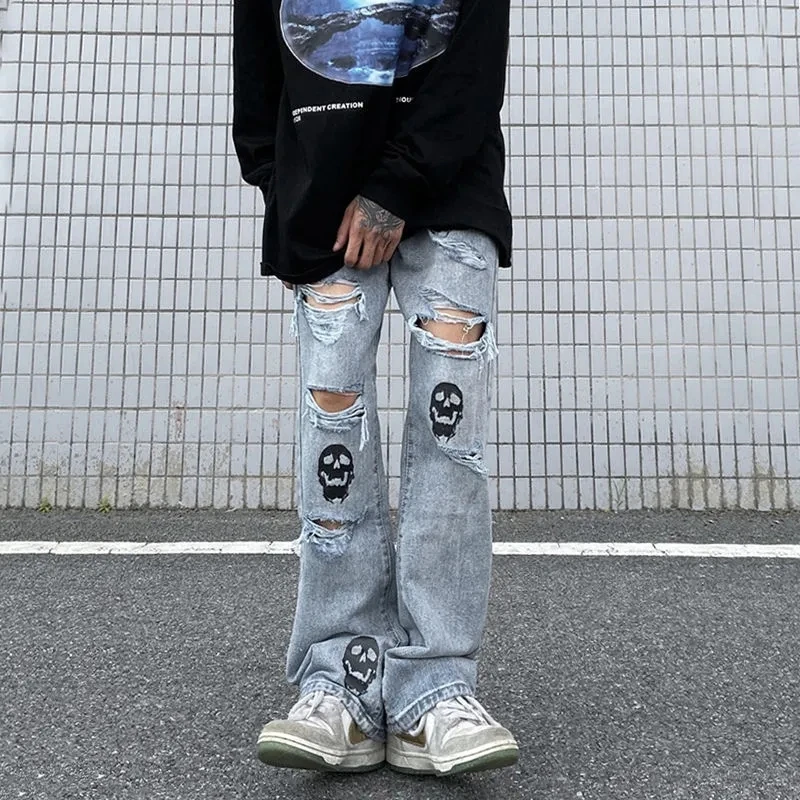 High Street Jeans Skull Print Hollow Jean Pant Denim Straight Pants Men and Women 2023 Summer Hip Hop Streetwear Clothing Black
