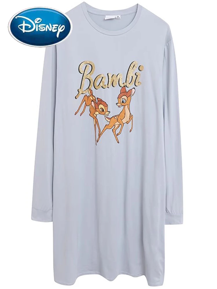 

Disney Sweet Bambi Deer Letter Cartoon Print Fashion Women O-Neck Pullover Long Sleeve Long T-Shirt Dress Tops Femme Streetwear