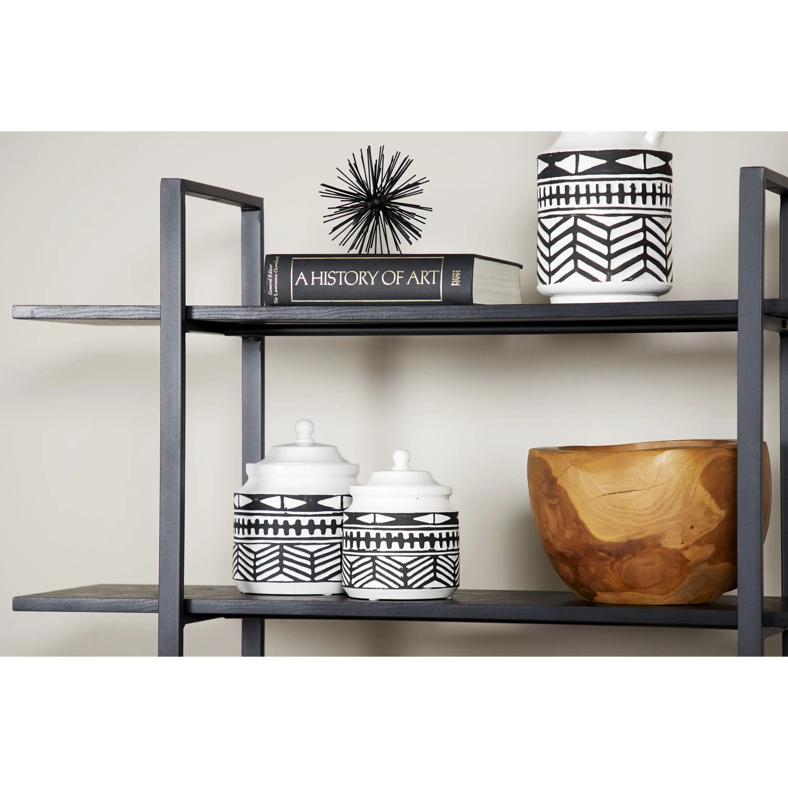 

9", 8"H Black Ceramic Tribal Decorative Jars, 2-Pieces