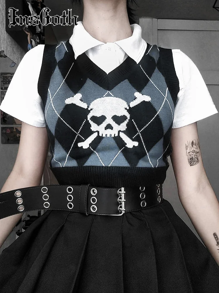 

Gothic Skull Print Sweater Vest Harajuku Punk Sexy V Neck Sleeveless Copped Tops Grunge Autume Winter Women Knitted Tops