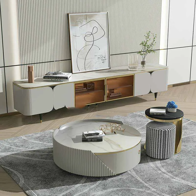 

Light Luxury Combination Rock Board Round Coffee Table TV Cabinet Italian Living Room Small Apartment Storage Cabinet Solid Wood