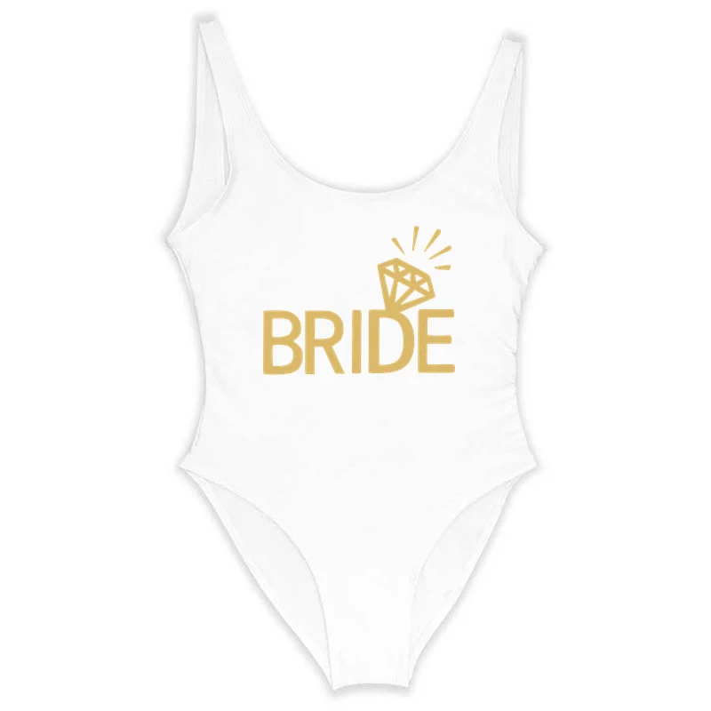 

Цельный купальник с золотистым буквенным принтом и бриллиантами для команды невесты, женский купальник, монокини, сексуальное боди, комбин...