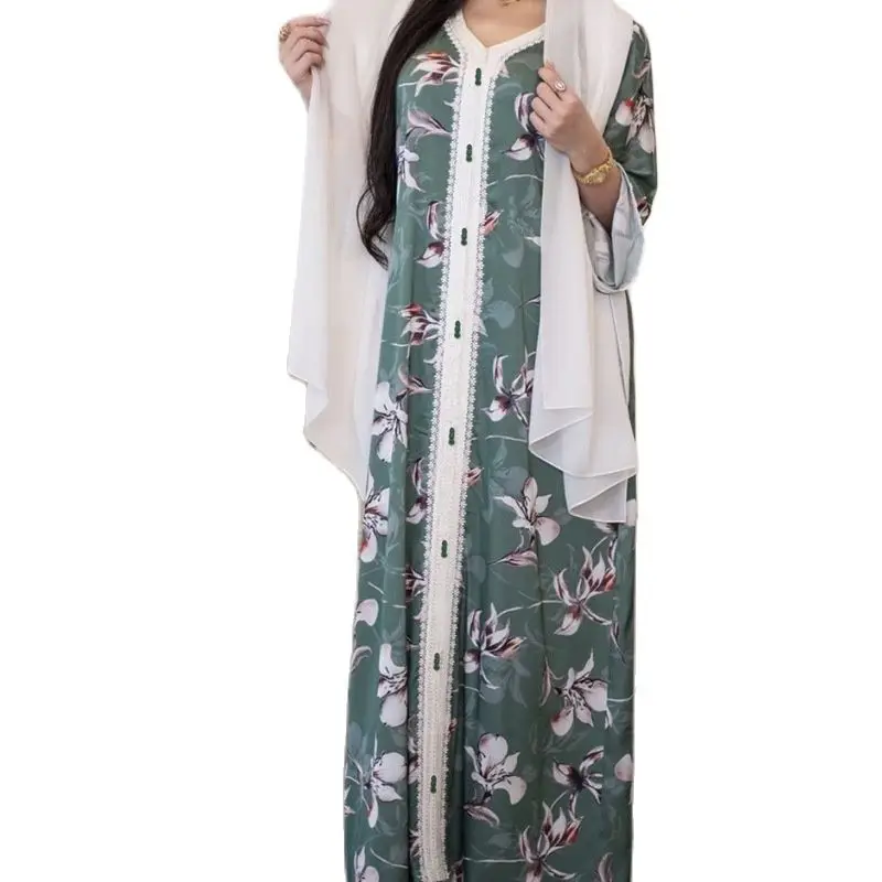 

Ethnic Muslim Maxi Long Dress Women Abaya Autumn Turkey Loose Muslim Jalabiya Abaya Dresses V Neck India Arabic Islamic Clothing