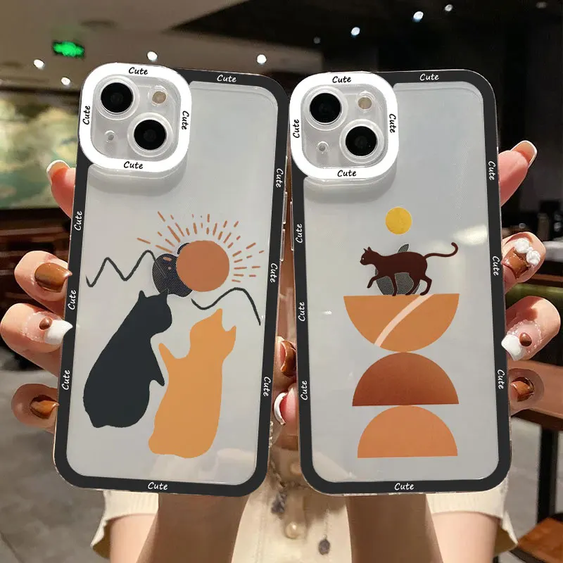 

Phone Case Abstract art Cat Color Block Art Style for iphone 13 12 11 14 Pro Max 7 8 plus SE 2020 X XR XS Transparent Back Cover