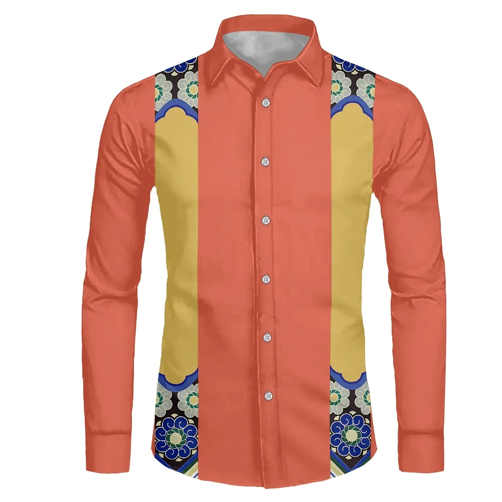

Guayabera оранжевый фон простой желтый китайский элемент тату тотем узор рубашка модная уличная одежда осень вечевечерние Прямая поставка