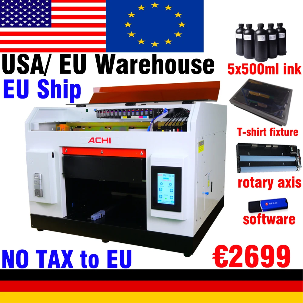 [АКЦИЯ США и ЕС] УФ-принтер ACHI A3 R1390 УФ-планшетный цилиндрический формата А4 для
