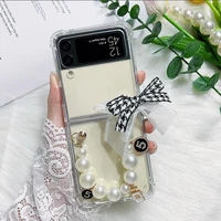 luxury fashion bow bracelet chain phone case for samsung galaxy zflip hand chain clear zflip4 zflip 3 5g shockproof cover fundas
