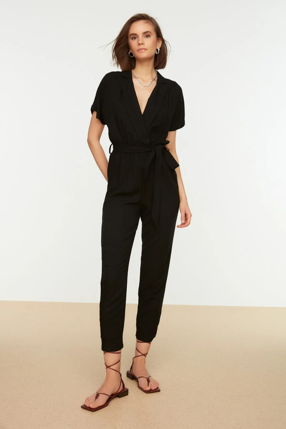 

Women's Overalls Black Belted Jumpsuit Hot Style Quality Fabric Sleeveless Baggy Trousers Casual Jumpsuit