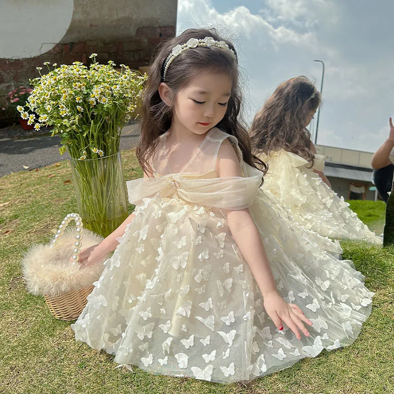 

Kids Clothes for Girls Formal Dress 2023 Princess New Fashion Summer Mesh Casual Sweet Cute Fairy Button Butterfly Pattern Thin