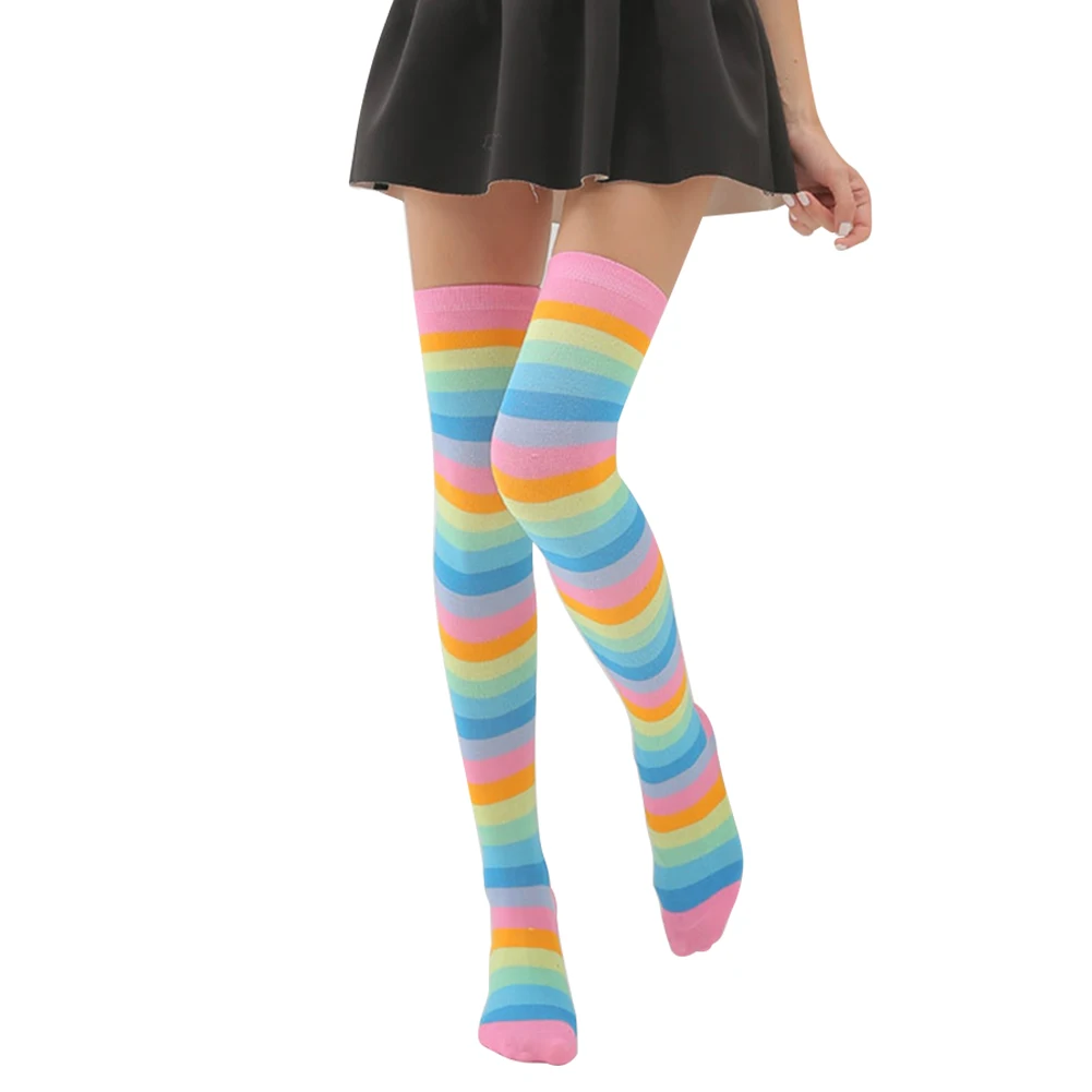 

1 Pair Soft Flexible Stocking Women Long Socks Adult Elastic Autumn Striped Knee High Comfortable Rainbow Gifts Party Casual