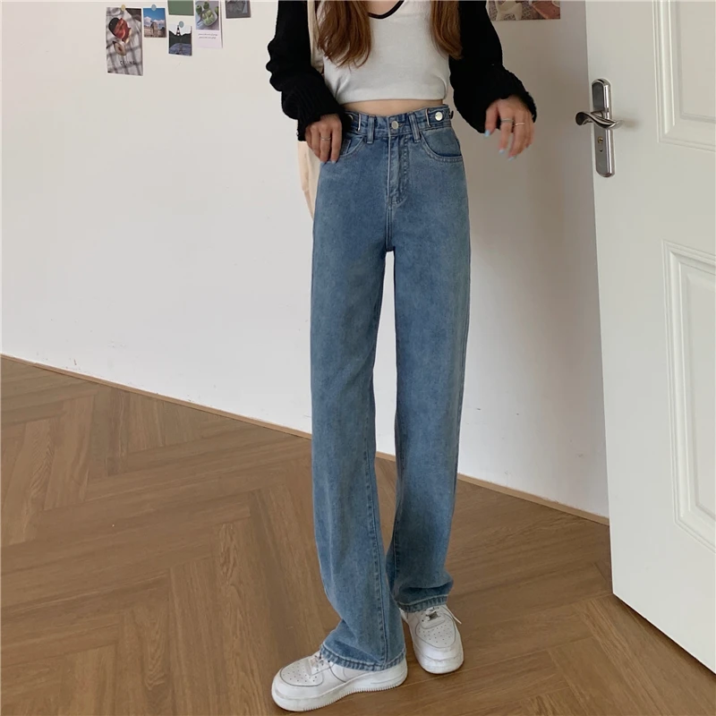 N2076   New Fashion Loose High Waist Straight Leg Pants Wide Leg Pants Jeans