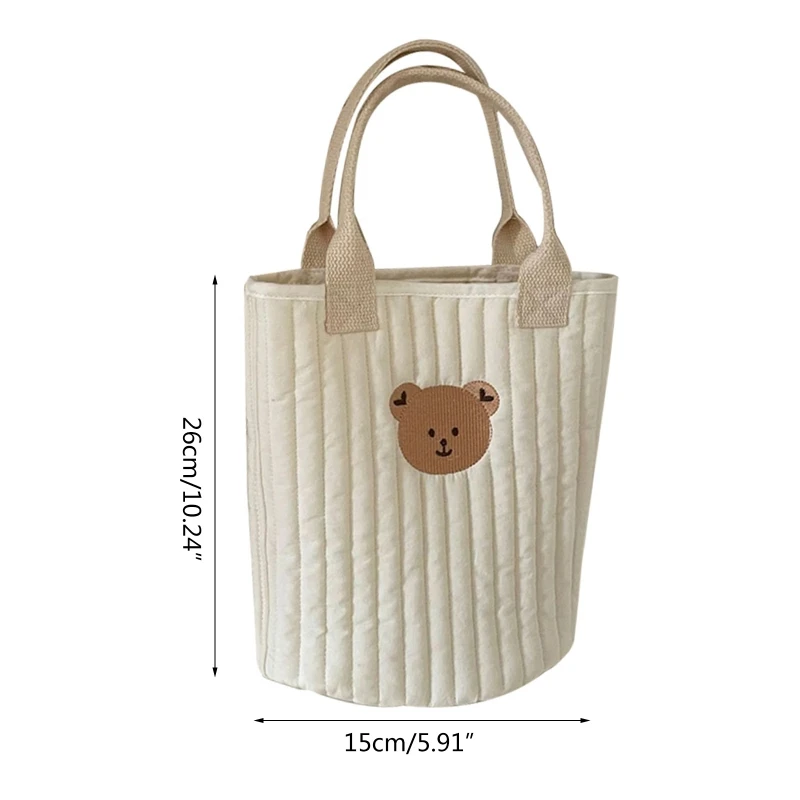 

Embroidery Baby Bottle Bag on Stroller Soft Cotton Bucket Bag Bear Tulips Olive Pattern Beige Lunch Box Bottle Tote Bag
