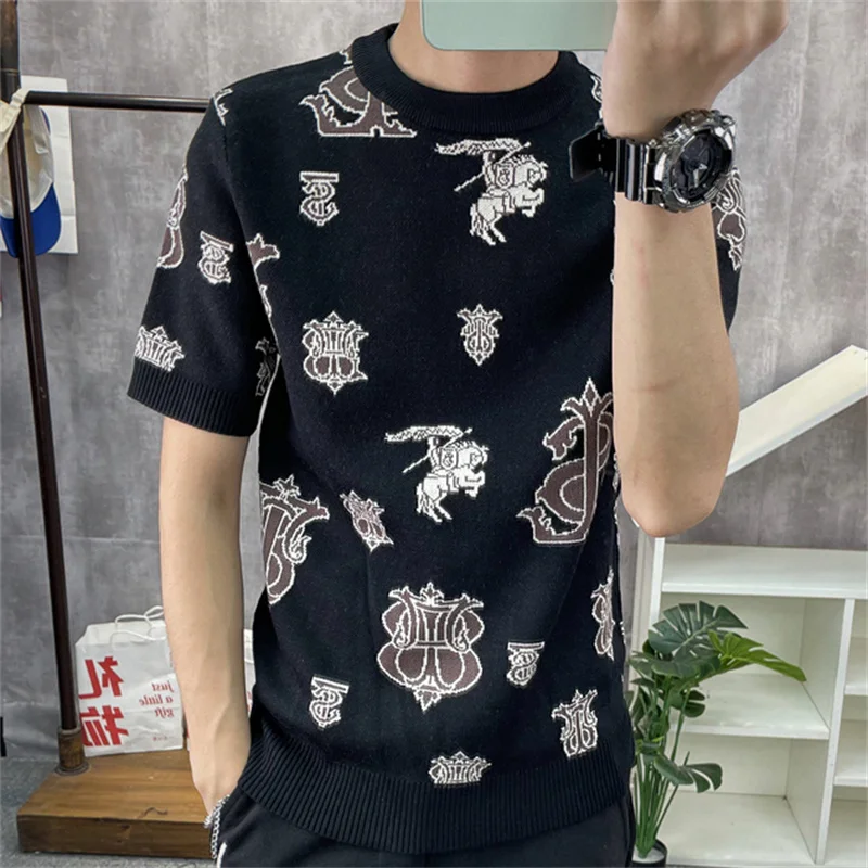 

European Style Palace Print Knitted T-shirt High Quality Summer Short Sleeve Casual T-Shirt Social Club Outfits O-neck Tops Tees