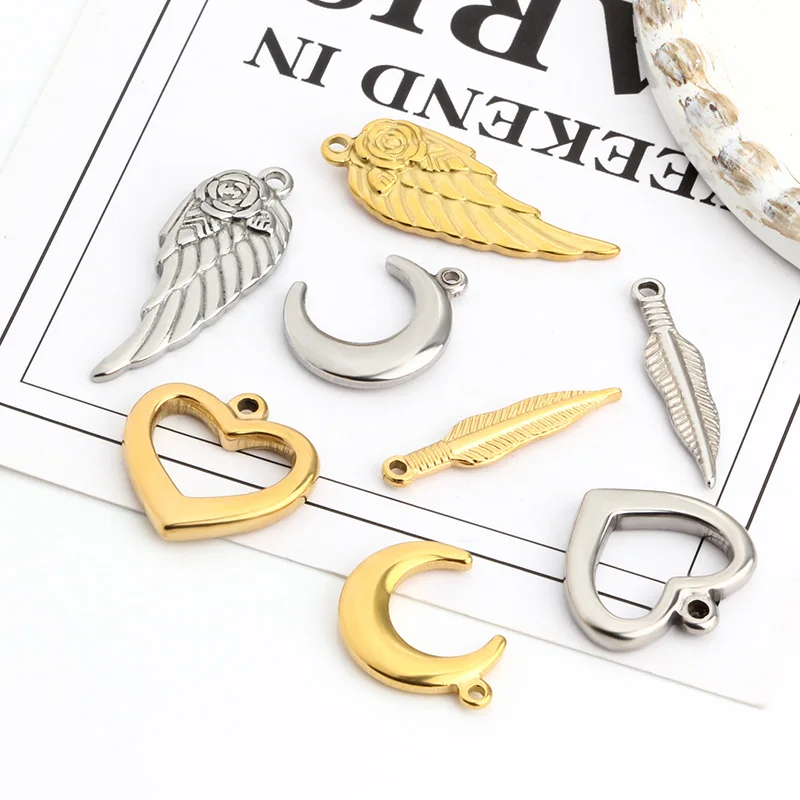 Stainless Steel Polishing Lock Key Moon Wing Leaf Fashion Pendants Jewelry Making Supplies DIY Accessories Plated 18KGold Color