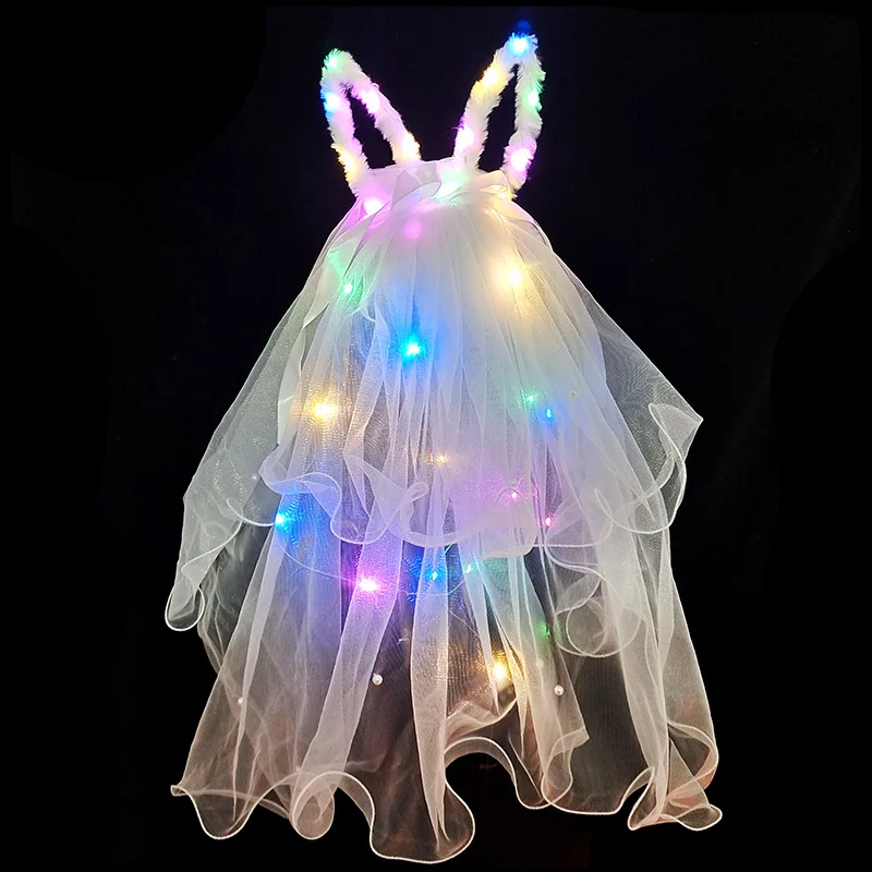 

Women Girls Luminous Rabbit Ears Veil Flashing Lights Tassel Crown Wreath Feather Sequins Mesh Plush Bunny Costume
