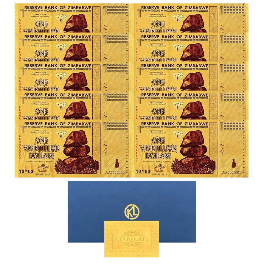 10 Pcs Zimbabwe Paper Money Gold Plated Foil Banknote Collective Notes for Business Gift Home Collection
