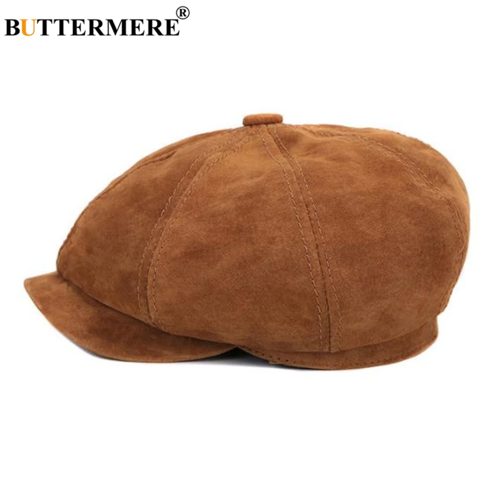 

BUTTERMERE Vintage Corduroy Hat Newsboy Cap Men Women Genuine Leather Casual Winter Hat Sheepskin Octagonal Painter Flat Cap