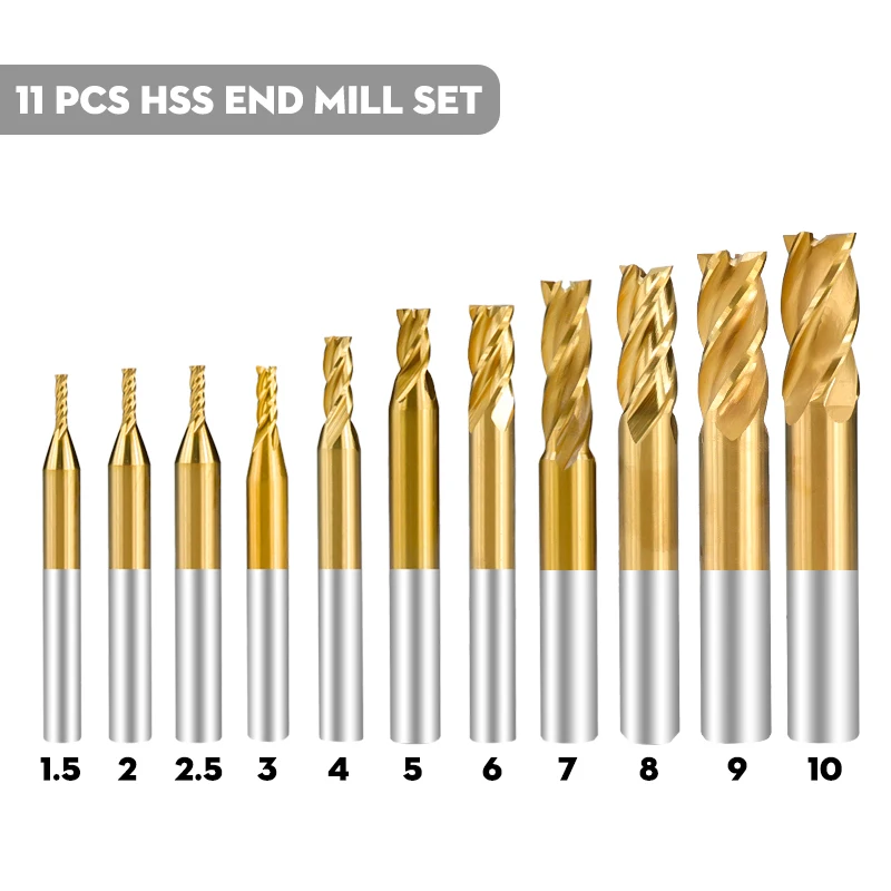 

Milling Cutter 7 11pcs 1.5-10mm HSS End Mill Titanium Coated CNC Router Bit 4 Flute Milling Bit