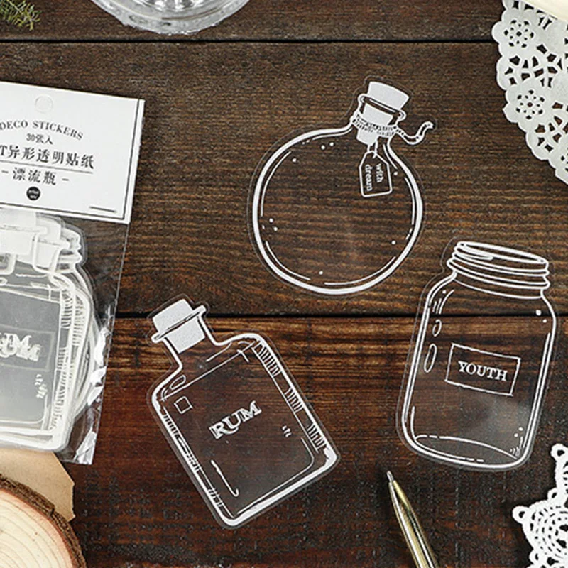 

30pc PET Decorative Stickers Transparent Bookmark Stickers Multipurpose Scrapbook Decor DIY Glass Jar Perfume Bottle Stickers