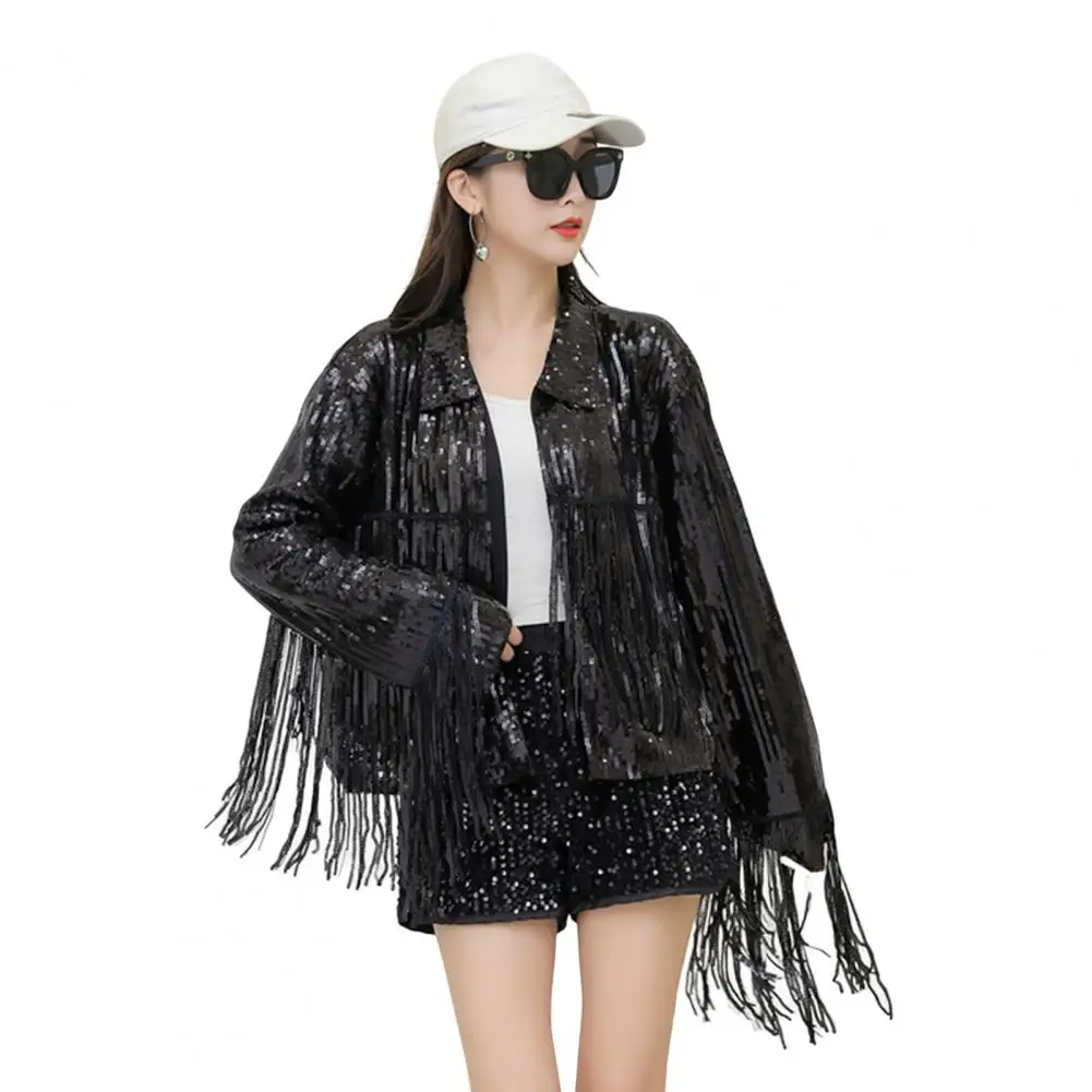 

Club Coat No Buttons Solid Color Dressing Up Loose Fit Sequins Tassel Club Jacket Coat Women Coat Streetwear