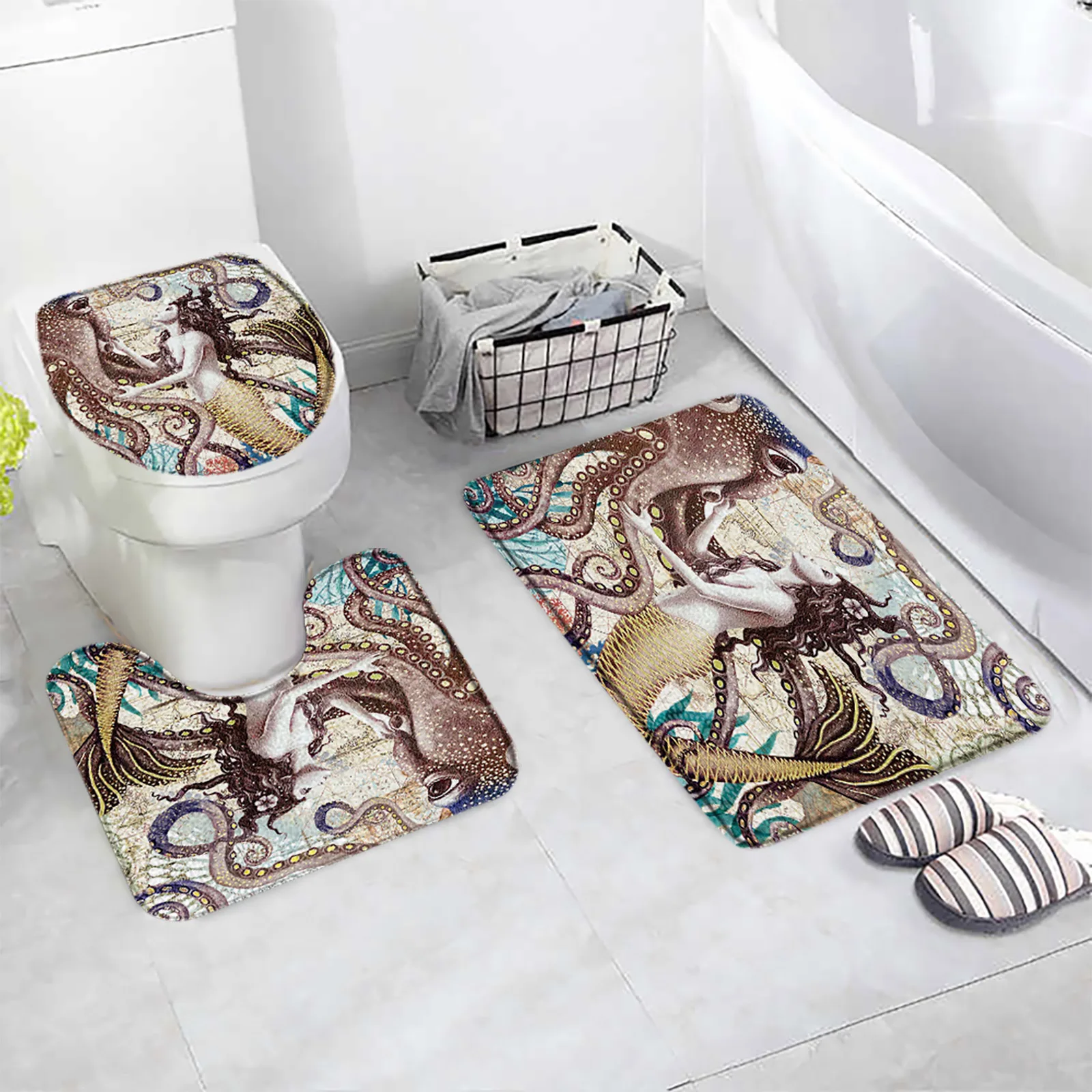 Marine Animal Bath Mat Creative Octopus Mermaid Turtle Retro Decor Non-Slip Foot Rugs Toilet Lid Cover Bathroom Accessories Set