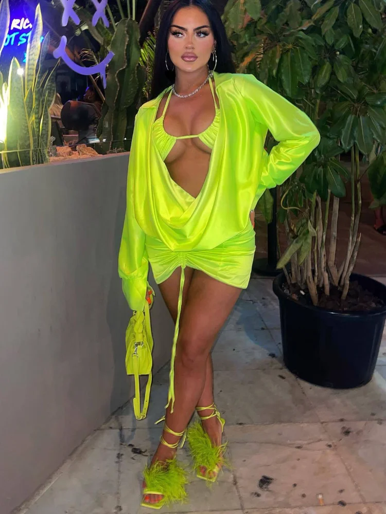 

WUHE Satin 3 Piece Set Long Sleeve Ruched Top Drawstring Mini Skirt Rave Festival Birthday Outfits Party Women Matching Sets